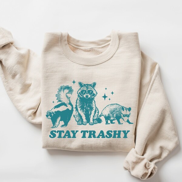 Stay Trashy Funny Meme Graphic T-Shirt, Retro Unisex Adult Tshirt, Vintage Raccoon Opossum Skunk Shirt, Nostalgia Shirt, Relaxed Cotton Tees