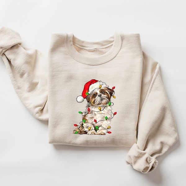 Sweatshirt Noël Shih Tzu Guirlandes Lumineuses - Unisexe, Gildan/Port/Jerzees, Neuf Sans étiquette