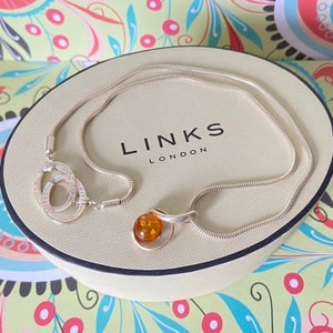 May include: A silver necklace with a round amber pendant and a double circle charm with the text "LINKS LONDON" on a white box.