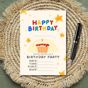 Bunte Geburtstags-Party Einladung zum Ausfüllen - Vorlage zum Ausfüllen (PNG, PDF)