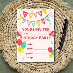 Geburtstagsparty Füllen Sie die leere Einladung für Mädchen Teen Pink Printable zu Hause aus Digitaler Download Vorlage für Einfache Party-Planung