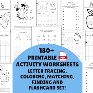 Hojas de trabajo imprimibles del alfabeto para que los niños aprendan a escribir, trazar y colorear letras para preescolar, primaria y educación en casa.