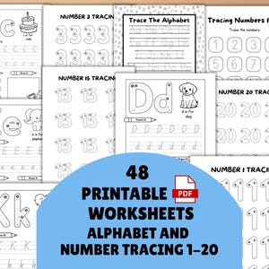 Hojas de trabajo imprimibles de trazado de letras y números del alfabeto para preescolar, preescolar, primaria temprana, habilidades motoras finas, práctica de escritura