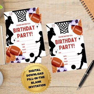 Sport Verjaardagsfeestje Vul de blanco uitnodiging in voor jongen Voetbal Basketbal Honkbal Sport Digitale download Thuis afdrukken kaartsjabloon