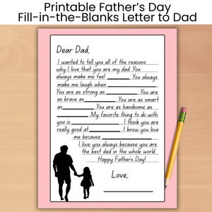 Carta de recuerdo imprimible para el Día del Padre para papá de parte de los niños con espacio en blanco para completar y línea para la firma. Regalo de hijo o hija para papá.