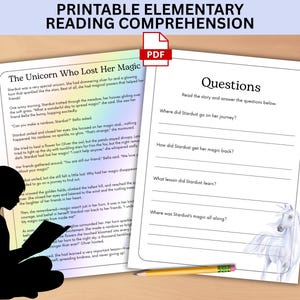 Elementary Unicorn Printable Reading Comprehension Set to Develop Critical Thinking and Reading Skills with Questions Reading Response
