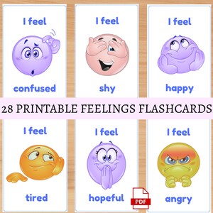 Afdrukbare emoji-gezichten-flashcards om kinderen te helpen gevoelens te leren en emoties te uiten en te communiceren Hulpmiddel voor de geestelijke gezondheid van kinderen