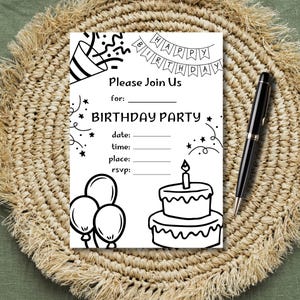 Einladung zur Geburtstagsfeier zum Ausdrucken Füllen Sie die Vorlage Schwarz Weiß zu Hause Digitaler Download Vorlage für Einfache Party Planung