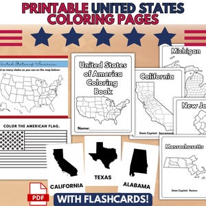 USA Coloring Pages: States Flashcards, American Flag & Map (PDF Download)