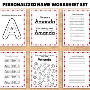 Schede di lavoro stampabili con nome personalizzato per la scuola materna, pre-scuola materna, attività di tracciamento, riconoscimento delle lettere, lettura, ricerca e colorazione