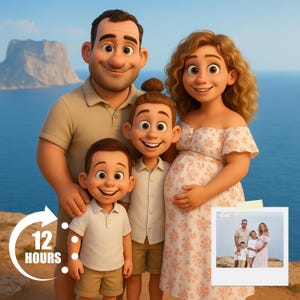 Ritratto di famiglia Pixar per la festa della mamma, ritratto in stile cartone animato Pixar da foto, ritratto digitale 3D, dipinto Pixar, regalo per mamma con bambino