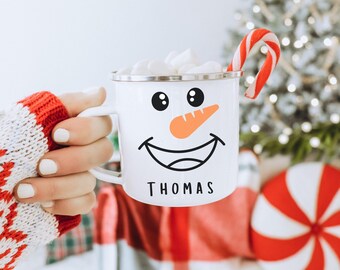 Taza de muñeco de nieve personalizada, Navidad personalizada, taza de campamento esmaltada, regalo navideño