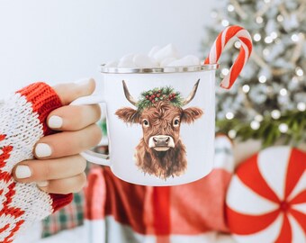 Taza de camping esmaltada con diseño de vaca navideña en acuarela, regalo navideño