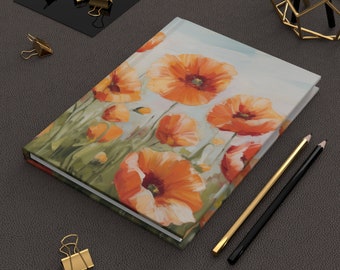 Cuaderno de tapa dura con amapolas naranjas: Cuaderno de jardín floral