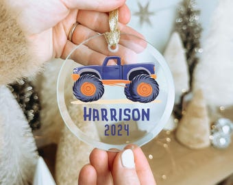 Adorno navideño de cristal personalizado de Monster Truck, recuerdo navideño para niños