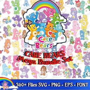 May include: A digital clipart set featuring Care Bears characters. The set includes over 360 files in SVG, PNG, EPS, and font formats. The image shows a variety of Care Bears characters, including Cheer Bear, Funshine Bear, and Grumpy Bear.
