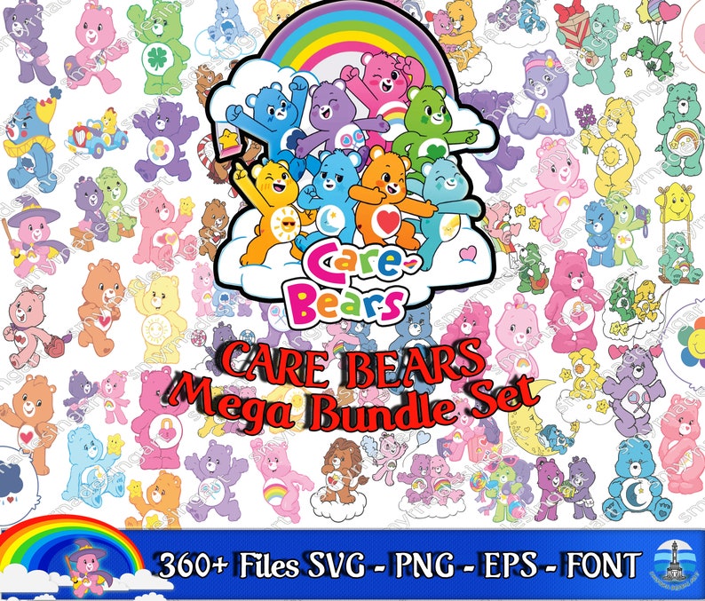 May include: A digital clipart set featuring Care Bears characters. The set includes over 360 files in SVG, PNG, EPS, and font formats. The image shows a variety of Care Bears characters, including Cheer Bear, Funshine Bear, and Grumpy Bear.