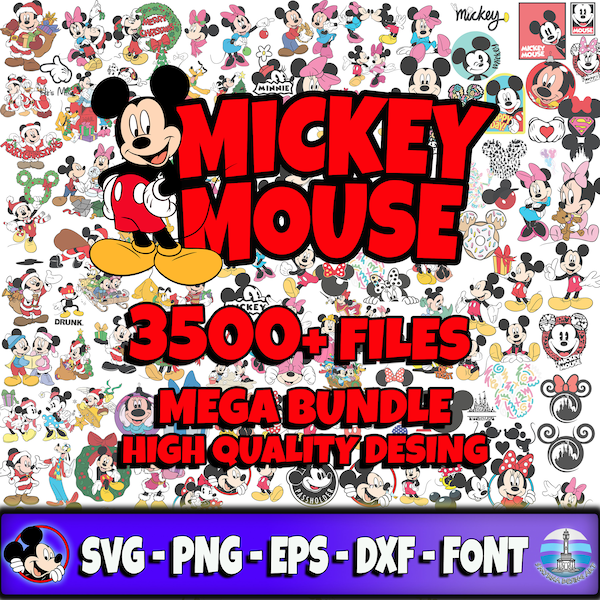 Mickey Mouse SVG PNG DXF EPS pakiet, pliki cięte, Cricut, sylwetka, urodziny SVG, Mickey Mouse PNG, czcionka Myszki Miki, Mickey Mouse SVG