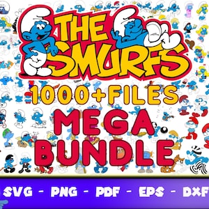 Peut inclure: Un ensemble d'art numérique avec de nombreux personnages des Schtroumpfs dans diverses poses. L'image comprend le texte "THE SMURFS" en jaune et rouge, ainsi que "1000+ FILES MEGA BUNDLE". Les formats de fichiers incluent SVG, PNG, PDF, EPS et DXF.