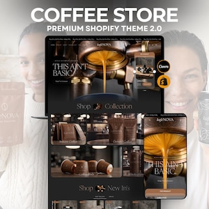 Op de afbeelding: Een digitale weergave van het kafeNOVA coffee store premium Shopify thema 2.0, met een website-indeling met productafbeeldingen van espresso, koffiezakken en cups. De interface bevat tekstelementen zoals THIS AIN'T BASIC en Shop Collection.