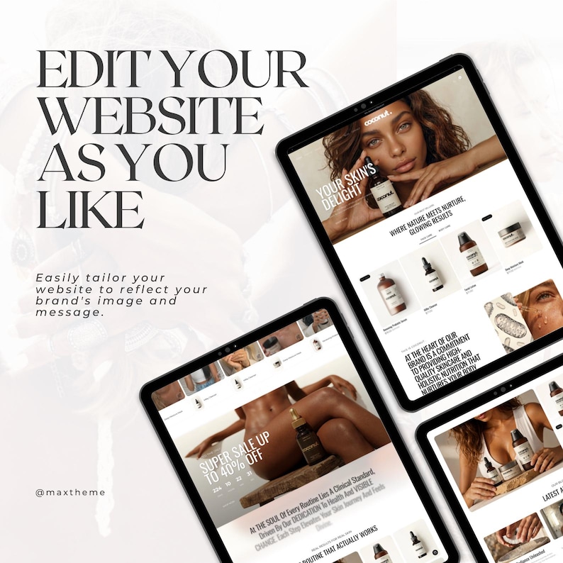 Puede incluir: Tres tabletas que muestran un dise&ntilde;o de sitio web con productos para el cuidado de la piel. El texto "EDIT YOUR WEBSITE AS YOU LIKE" est&aacute; en la parte superior. El sitio web presenta a una mujer sosteniendo un producto para el cuidado de la piel y el texto "YOUR SKIN'S DELIGHT".