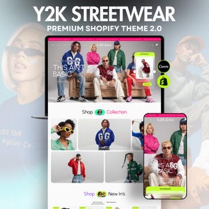 May include: A digital display of a Y2K streetwear Shopify theme featuring a website layout with models wearing colorful jackets, hoodies, and sunglasses. The interface includes the text GliGlam, This Ain't Basic, Shop Collection, and New In's.