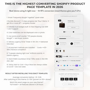 Puede incluir: Maqueta digital que muestra una plantilla de p&aacute;gina de producto de Shopify. El dise&ntilde;o destaca caracter&iacute;sticas como controles deslizantes de venta adicional, barras de progreso, insignias de confianza, muestras de color, prueba social y temporizadores de urgencia.