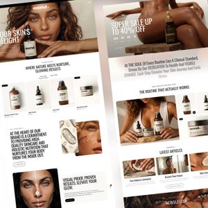 Puede incluir: Dise&ntilde;o web de productos para el cuidado de la piel "coconut.", con im&aacute;genes de botellas, frascos y modelos. El texto incluye "Super Sale Up to 40% Off" y "Where Nature Meets Nurture, Glowing Results."