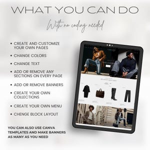 May include: A black tablet displays a website with fashion items. Text on the screen reads "CAELLINE TIMELESS BEAUTY" and "SEE WHAT'S NEW TODAY." The image also includes the text "WHAT YOU CAN DO With no coding needed."
