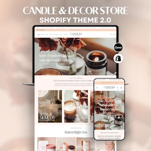 Thème Shopify 2.0 à la lueur d'une bougie | de site Web moderne pêche et blanc | Design minimaliste et épuré de la boutique de bougies Shopify + modèles Canva