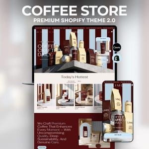 Könnte beinhalten: Eine digitale Darstellung eines Coffee Store Premium Shopify Theme 2.0, das ein Website-Layout auf einem Laptop und einem mobilen Bildschirm zeigt. Das Design präsentiert Limo-Kaffeeprodukte, einschließlich Tüten, Dosen und Kapseln, in Kastanienbraun und Weiß.