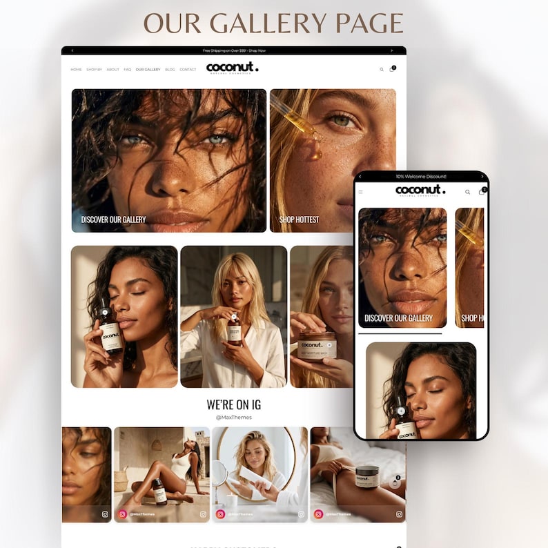 Puede incluir: Un sitio web y un tel&eacute;fono m&oacute;vil muestran la marca "coconut.". El sitio web presenta im&aacute;genes de personas con los productos de la marca. El texto "OUR GALLERY PAGE" y "DISCOVER OUR GALLERY" son visibles. El tel&eacute;fono m&oacute;vil muestra el mismo contenido.