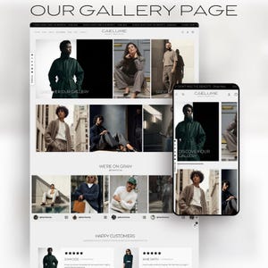May include: A website design showcasing a gallery page with multiple product images. The page includes the text "OUR GALLERY PAGE" and "CAELUME". The design is displayed on a laptop and a mobile phone.