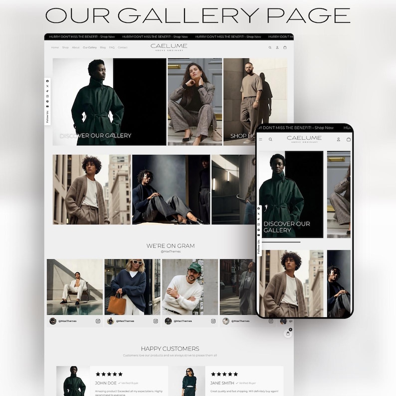 May include: A website design showcasing a gallery page with multiple product images. The page includes the text "OUR GALLERY PAGE" and "CAELUME". The design is displayed on a laptop and a mobile phone.