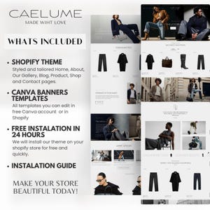 May include: A website design layout with the text "CAELUME" and "MADE WIHT LOVE". The design includes sections for a Shopify theme, Canva banner templates, free installation, and an installation guide. The website showcases clothing and accessories.