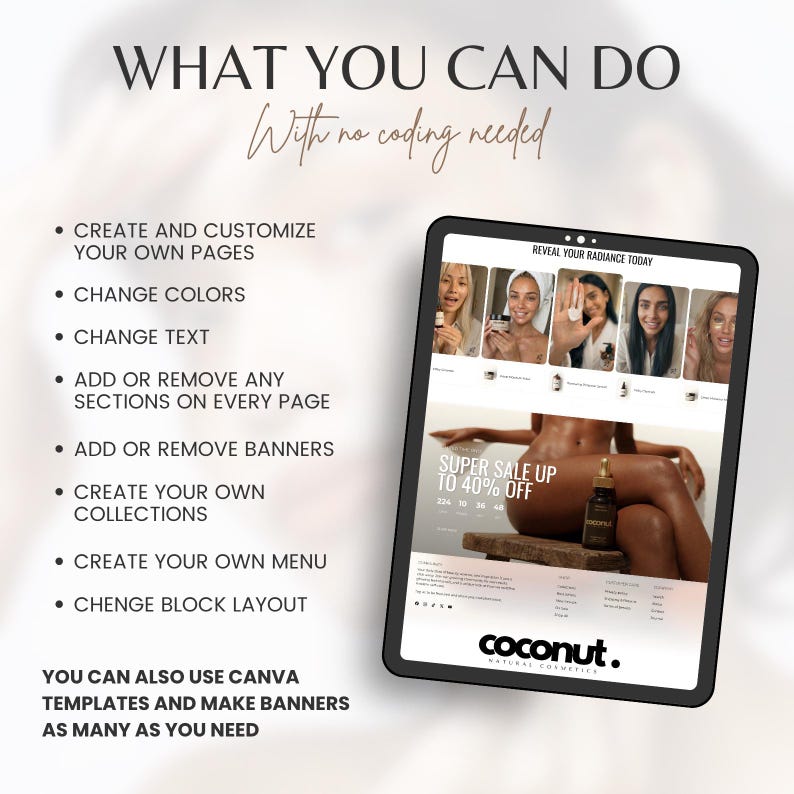 Puede incluir: Una tableta digital muestra un sitio web con el texto "Revela tu resplandor hoy" y "Super venta hasta un 40% de descuento." El sitio web muestra productos de belleza. La imagen tambi&eacute;n incluye el texto: "Qu&eacute; puedes hacer sin codificar."