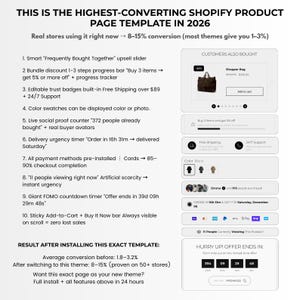May include: A digital mockup of a Shopify product page template, showcasing features like upsell sliders, discount progress bars, and trust badges. Text reads "THIS IS THE HIGHEST-CONVERTING SHOPIFY PRODUCT PAGE TEMPLATE IN 2026". Includes a countdown timer and social proof elements.