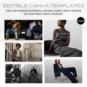 May include: A promotional image showcasing editable Canva templates. The image features several fashion-themed website mockups with text overlays like "NEW ARRIVALS" and "SALE UP TO 40% OFF." The Canva logo is visible in the upper right corner, with the text "EDITABLE CANVA TEMPLATES" at the top.