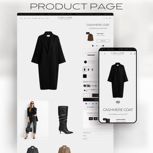 May include: A product page featuring a black cashmere coat. The website displays the coat on a white background, with a mobile view showing the same coat. The text "CASHMERE COAT" is visible, along with the brand name "CAELUME".