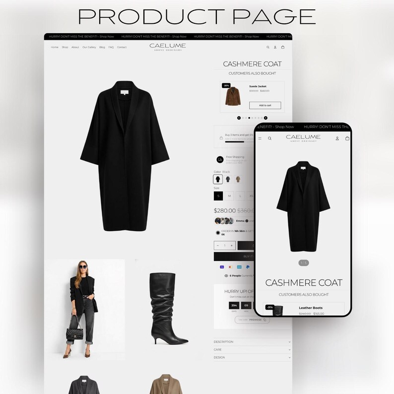 May include: A product page featuring a black cashmere coat. The website displays the coat on a white background, with a mobile view showing the same coat. The text "CASHMERE COAT" is visible, along with the brand name "CAELUME".