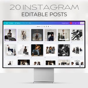 May include: A computer monitor displays a design interface with 20 editable Instagram posts. The posts feature fashion-themed images with text overlays like "New Collection" and "Sale". The top of the screen reads "20 INSTAGRAM EDITABLE POSTS".