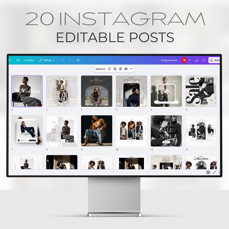 May include: A computer monitor displays a design interface with 20 editable Instagram posts. The posts feature fashion-themed images with text overlays like "New Collection" and "Sale". The top of the screen reads "20 INSTAGRAM EDITABLE POSTS".