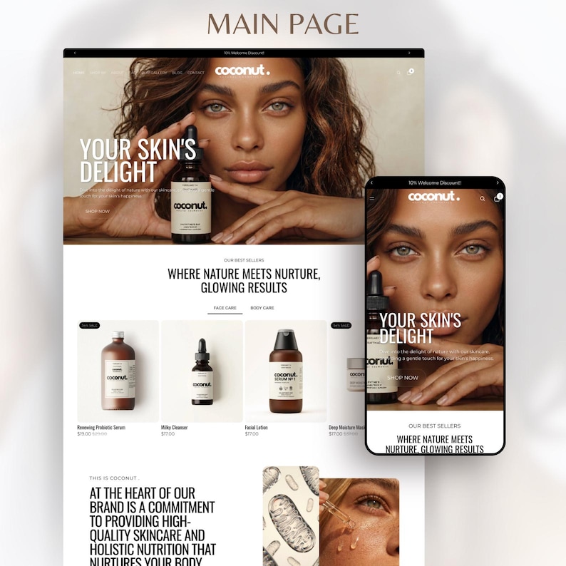 Puede incluir: Una p&aacute;gina principal de sitio web y tel&eacute;fono m&oacute;vil muestra la p&aacute;gina principal de una marca de cuidado de la piel. El sitio web presenta a una mujer sosteniendo un frasco de producto, con el texto "YOUR SKIN'S DELIGHT". Debajo hay im&aacute;genes de productos, incluyendo un s&eacute;rum y una loci&oacute;n.