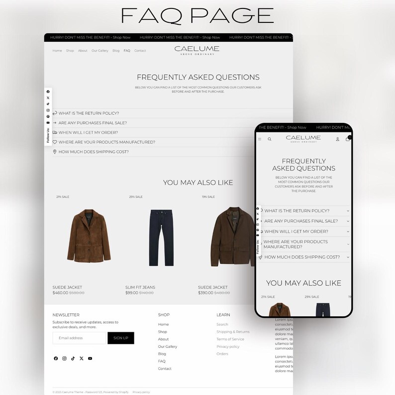 May include: A website FAQ page displayed on a desktop computer and a smartphone. The page features the brand name "CAELUME" and a list of frequently asked questions. Below are product images of a suede jacket and slim fit jeans.