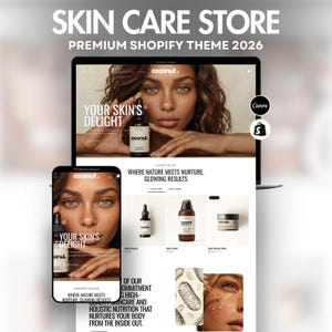 May include: A digital mockup of a skincare store website on a laptop and smartphone. The website features a woman holding a skincare product. The text on the screen reads "YOUR SKIN'S DELIGHT" and "WHERE NATURE MEETS NURTURE, GLOWING RESULTS."