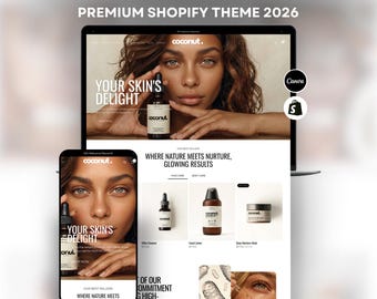 May include: A digital mockup of a skincare store website displayed on a laptop and smartphone. The website showcases a woman holding a skincare product. The text on the screen reads "YOUR SKIN'S DELIGHT" and "WHERE NATURE MEETS NURTURE, GLOWING RESULTS."
