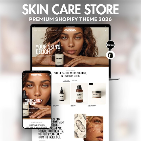Clean Skincare Shopify Theme 2.0 | White Minimal Website Template | Modern Beauty Store Shopify Design + Editable Canva Templates