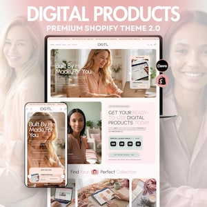 Op de afbeelding: Een digitale productweergave met een premium Shopify-thema 2.0. De interface toont een website-indeling met de tekst DGTL, Built By Her, Made For You en Get Your Ready-To-Use Digital Products Today, naast pictogrammen van Canva en Shopify.