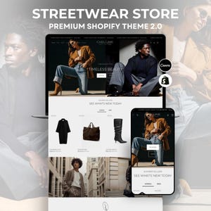 Peut inclure: Maquette numérique d'une boutique de streetwear sur Shopify. L'image présente un site web avec des vêtements et accessoires, avec le texte "STREETWEAR STORE" et "TIMELESS BEAUTY." Le design inclut un ordinateur portable et un smartphone, avec les logos Canva et Shopify.