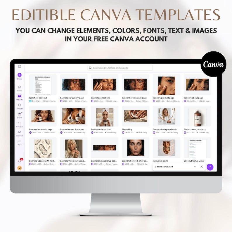 Puede incluir: Un monitor de computadora muestra la interfaz de Canva con plantillas de dise&ntilde;o. La pantalla muestra miniaturas de diferentes dise&ntilde;os, con el texto "EDITABLE CANVA TEMPLATES". El logotipo de Canva es visible en la esquina superior derecha.